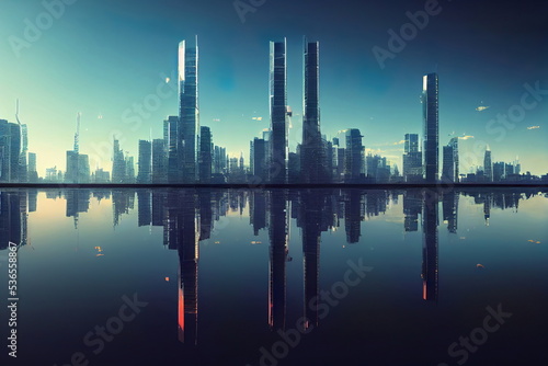 Futuristic city skyline with water reflection, clear blue sky, cg illustration