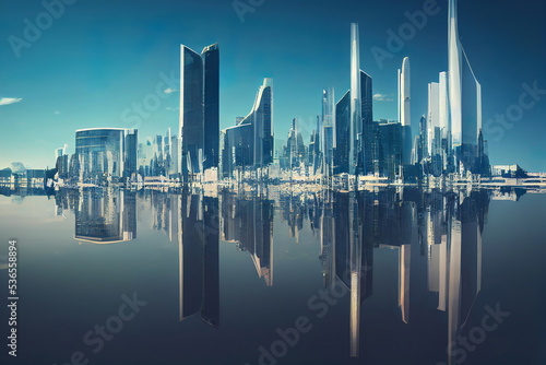 Futuristic city skyline with water reflection  clear blue sky  cg illustration