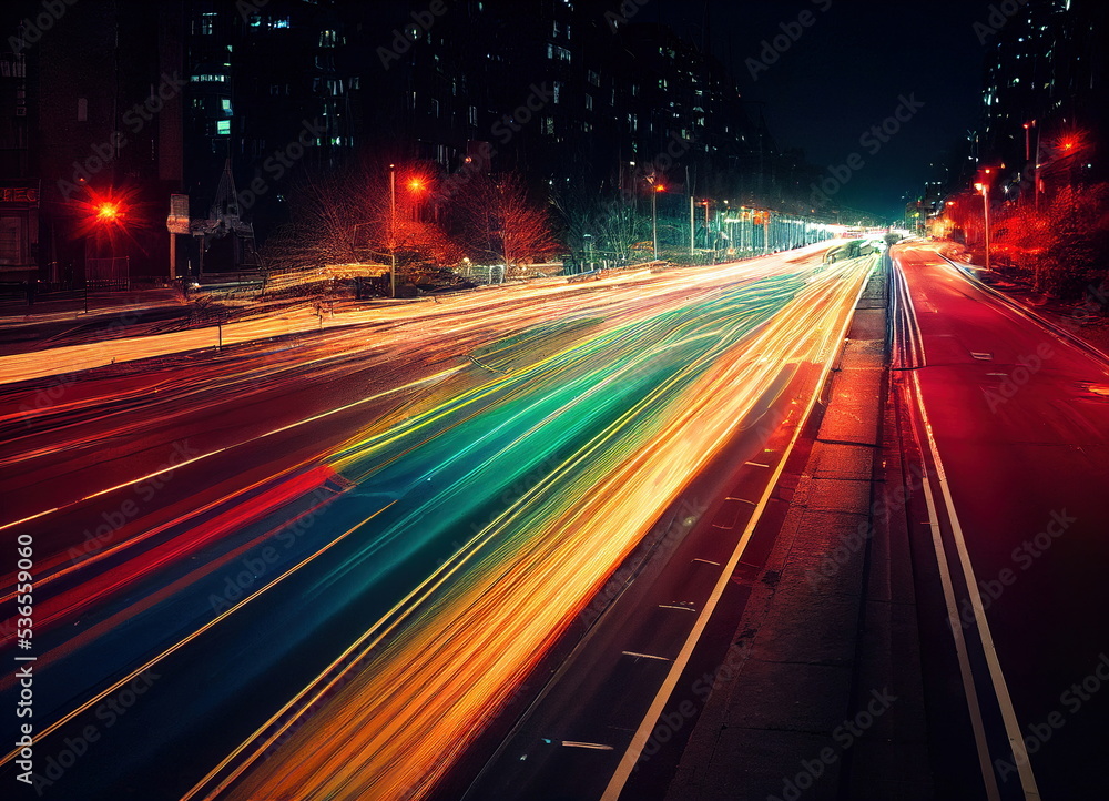 Night city lights, long exposure vehicle lights, cg illustration