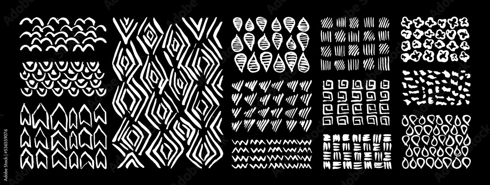 Grunge paint strokes doodles. Scribbles collection. Quirky ink doodles. Ethnic tribal ornaments doodles. Ethnic grunge ink design elements.