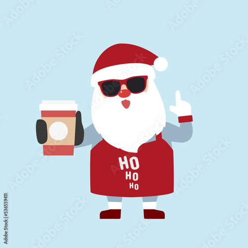 Santa claus wearing dark glasses and holding coffee mug on blue background. Christmas season and Happy new year season. Vector illustration