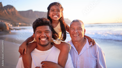 Family smile while on beach summer vacation in Indonesia during sunset. Happy father, grandfather and girl enjoy a travel holiday with tropical weather, love and happiness while bonding together
