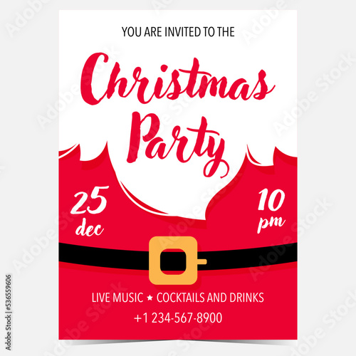 Christmas party invitation card, banner, poster, leaflet, flyer or brochure with Santa Claus red suit and his white beard. Winter holidays celebration invitation or greeting card vector template.