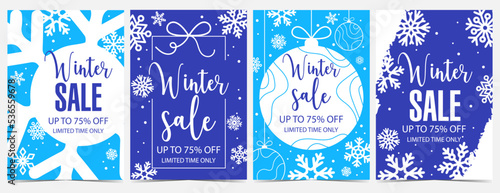 Winter sale banner for Christmas or New Year holiday discount season. Vertical vector sale poster, flyer, leaflet with snowflakes and Christmas tree decorations for winter holidays shopping promotion.