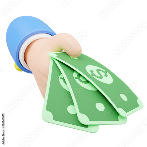 Payment icon for shopping online. 3D Hand holding banknote. Cartoon businessman wearing suit holds money floating isolated on transparent. Withdraw money, Easy shopping concept. 3d minimal rendering.