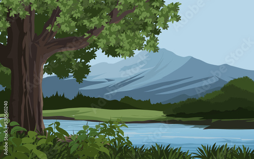 Rural sunset landscape with mountain and river. Vector nature illustration