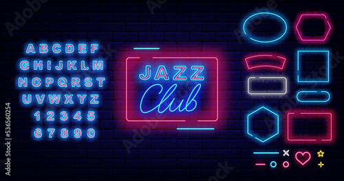 Jazz club neon signboard on brick wall. Frames collection. Media banner concept. Vector stock illustration