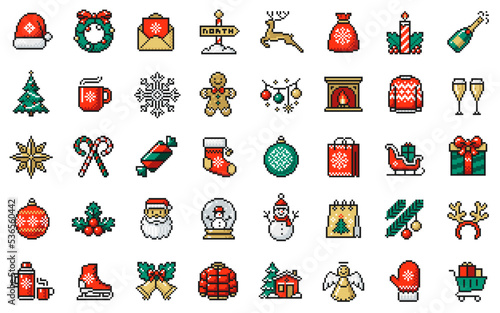 Christmas and New Year icons set in pixel art design.