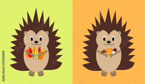 cute cartoon hedgehog with autumn leaves and mushrooms vector illustrationvector illustration