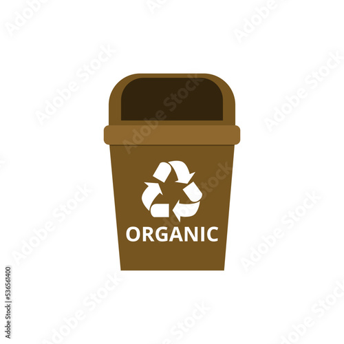 Trash can vector illustration with organic recycling symbol in brown color.