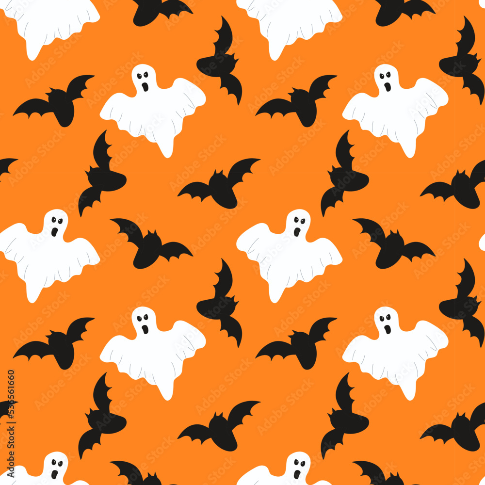 Obraz premium Seamless pattern with a ghosts and bats on orange background for halloween.