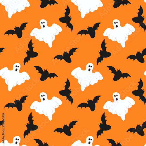 Seamless pattern with a ghosts and bats on orange background for halloween.
