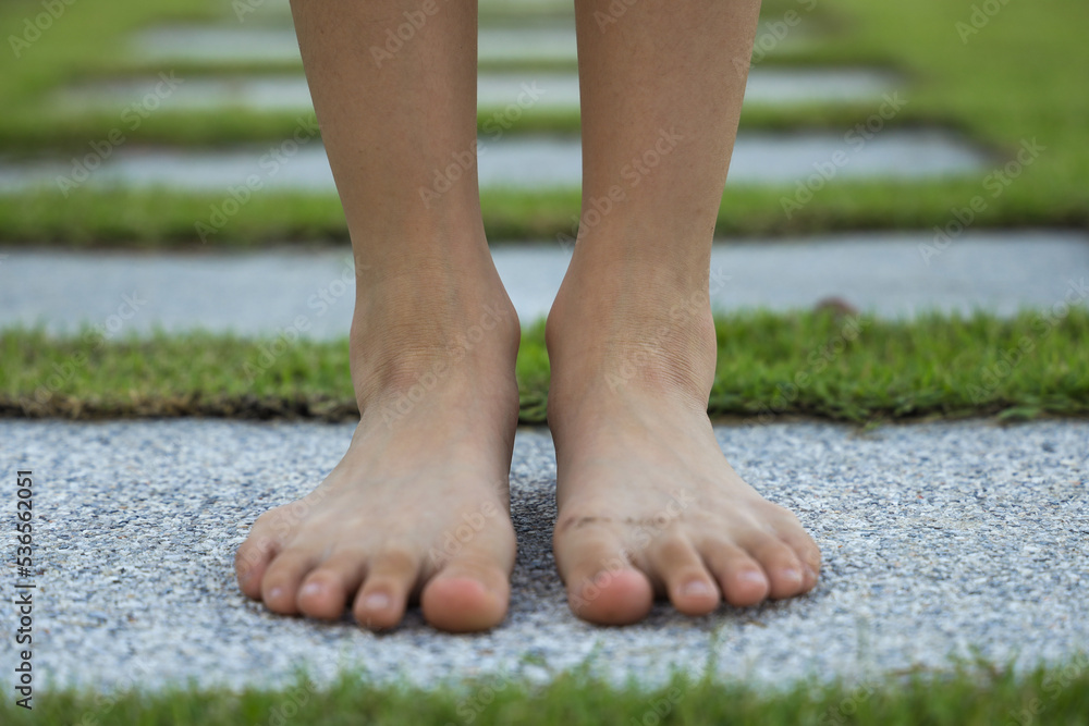 Barefoot little girl walking in garden path