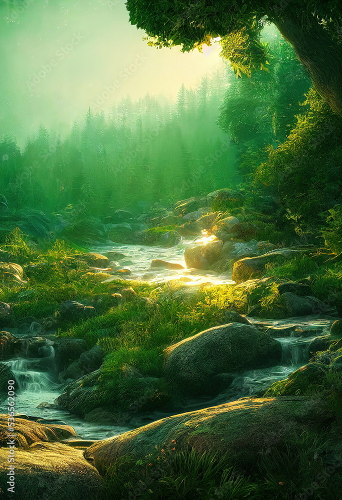 Obraz premium Beautiful forest sunset landscape, lush green foliage, sun shines through the leaves, garden of eden