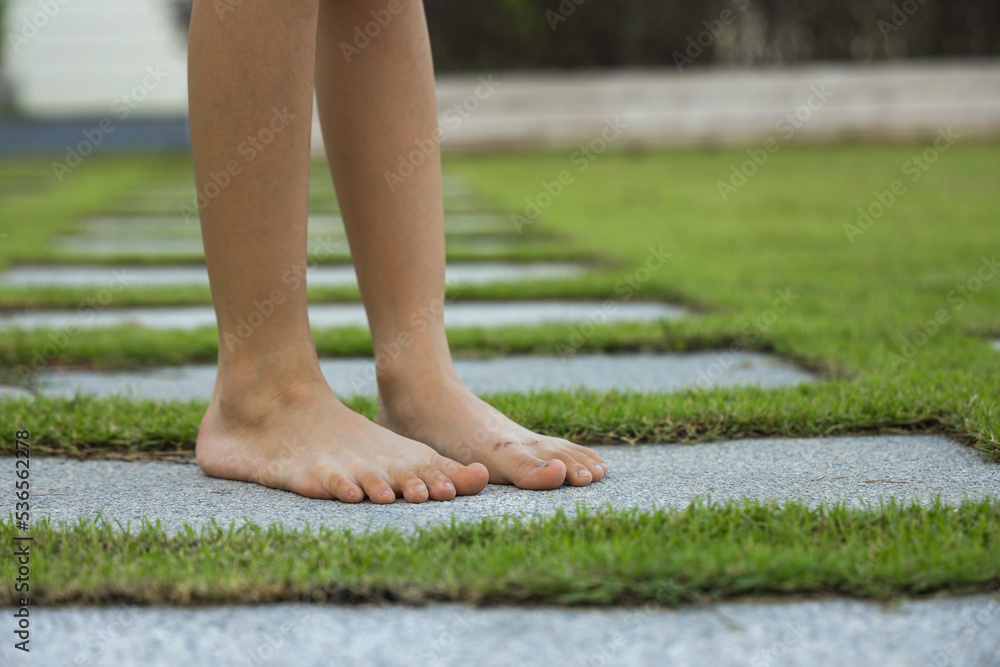 Barefoot little girl walking in garden path Barefoot little girl walking in garden path