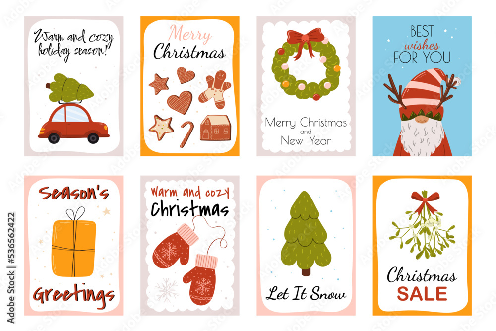 Merry Christmas and Happy Holidays cards. Flat holiday postcard templates. 