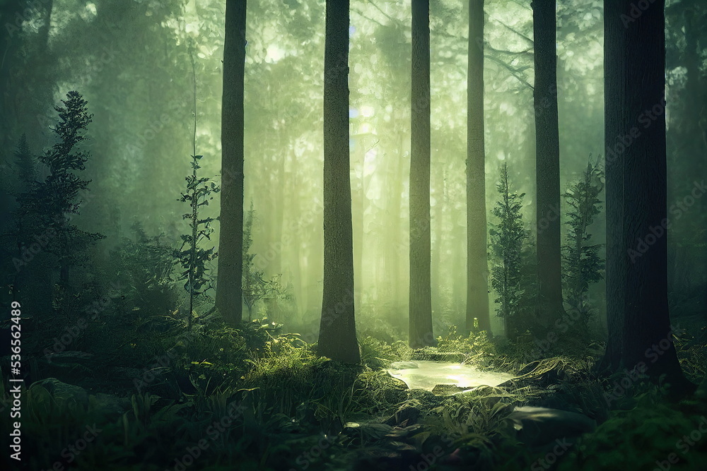 Obraz premium Beautiful forest sunset landscape, lush green foliage, sun shines through the leaves, garden of eden
