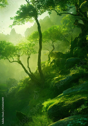 Beautiful forest sunset landscape, lush green foliage, sun shines through the leaves, garden of eden © Gbor