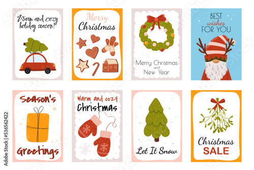 Merry Christmas and Happy Holidays cards. Flat holiday postcard templates. 