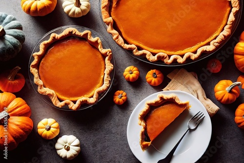 Delicious Thanksgiving fresh baked pumpkin pie, generated by AI with 3D shading for a realistic look