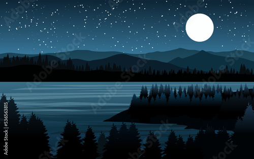 night landscape with lake and forest
