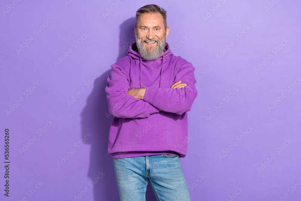 Portrait photo of old aged pensioner man folded arms positive good mood professional worker isolated on purple color background