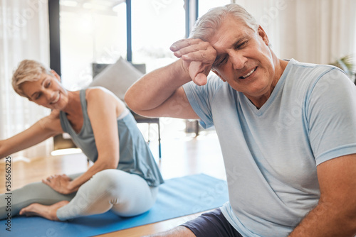 Relax, yoga and senior couple with tired man resting on mat with fatigue from fitness exercise. Happy, married and retirement woman laughing at husband exhausted from home pilates workout.