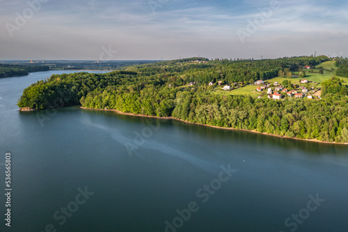 Aerial view of Terlicko Dam lake on Stonavka River in Terlicko village, Czech Republic © Fotokon