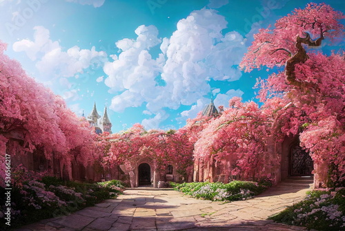 Beautiful blossoming castle garden, fantasy cg illustration background wallpaper, sakura cherry trees, fluffy clouds, blue sky