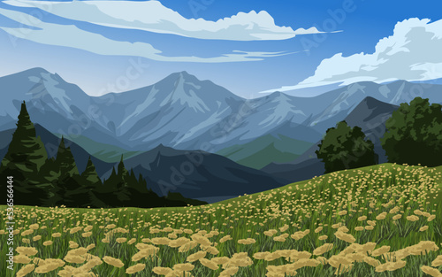 Fototapet landscape with flowers and mountains