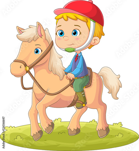 The cute boy is playing and riding with a horse in a wide field