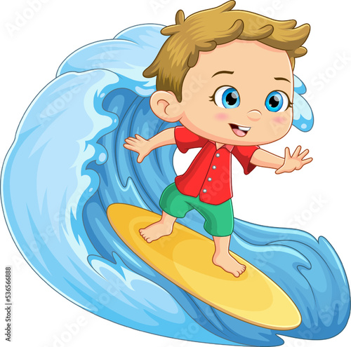 The brave boy is playing a surfboard at beach with a big wave