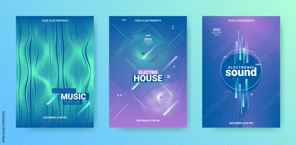 Edm Party Flyer Set. Techno Music Dance Cover. Electro Sound Banner. Vector 3d Background. Geometric Edm Poster. Minimal Festival Illustration. Gradient Wave Line. Abstract Edm Party Flyer.