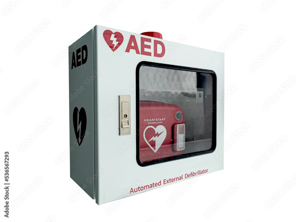 Automated External Defibrillator (AED) in white box on the wall. Heart defibrillator isolate on white background with clipping path. - obrazy, fototapety, plakaty 