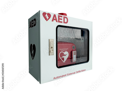 Automated External Defibrillator (AED) in white box on the wall. Heart defibrillator isolate on white background with clipping path. photo