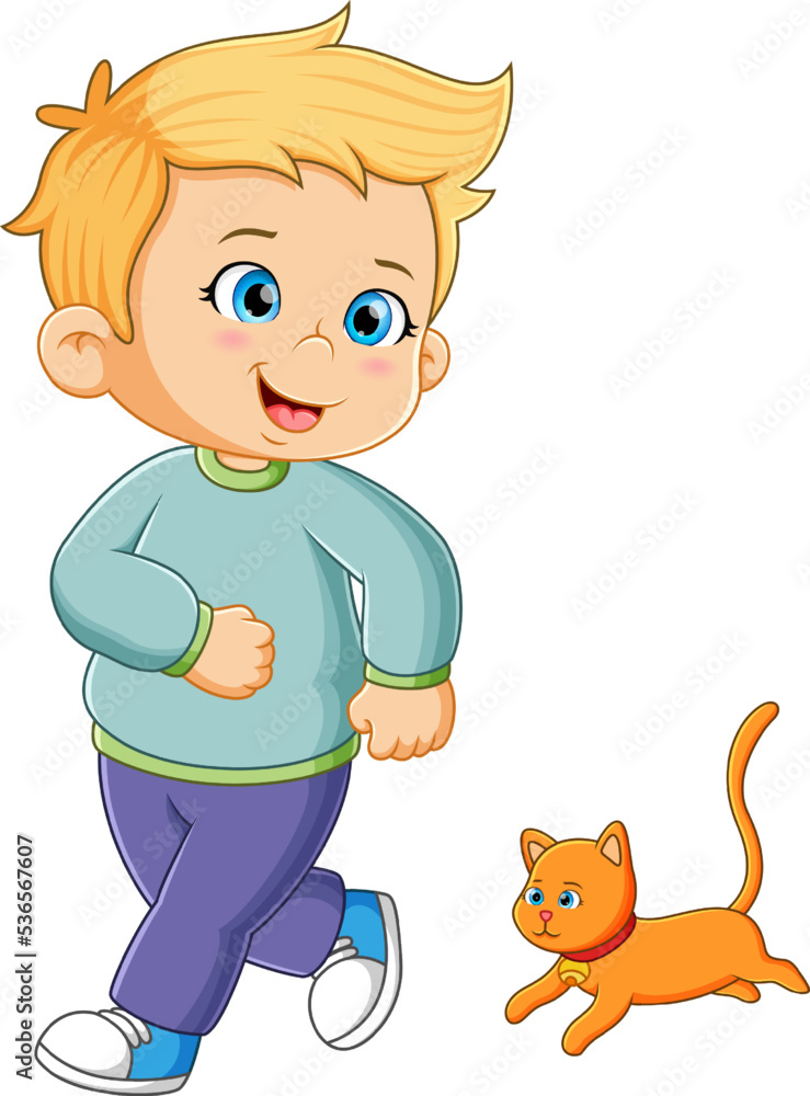 The little boy is running with the little orange cat The little boy is running with the little orange cat