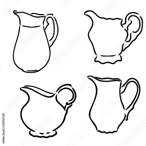 Milk jug silhouette. Creamer jug for serving with coffee or tea. Tradition of drinking coffee with milk. Tea time. Design element for cafes, food delivery sites and restaurants. Sketch, linear drawing