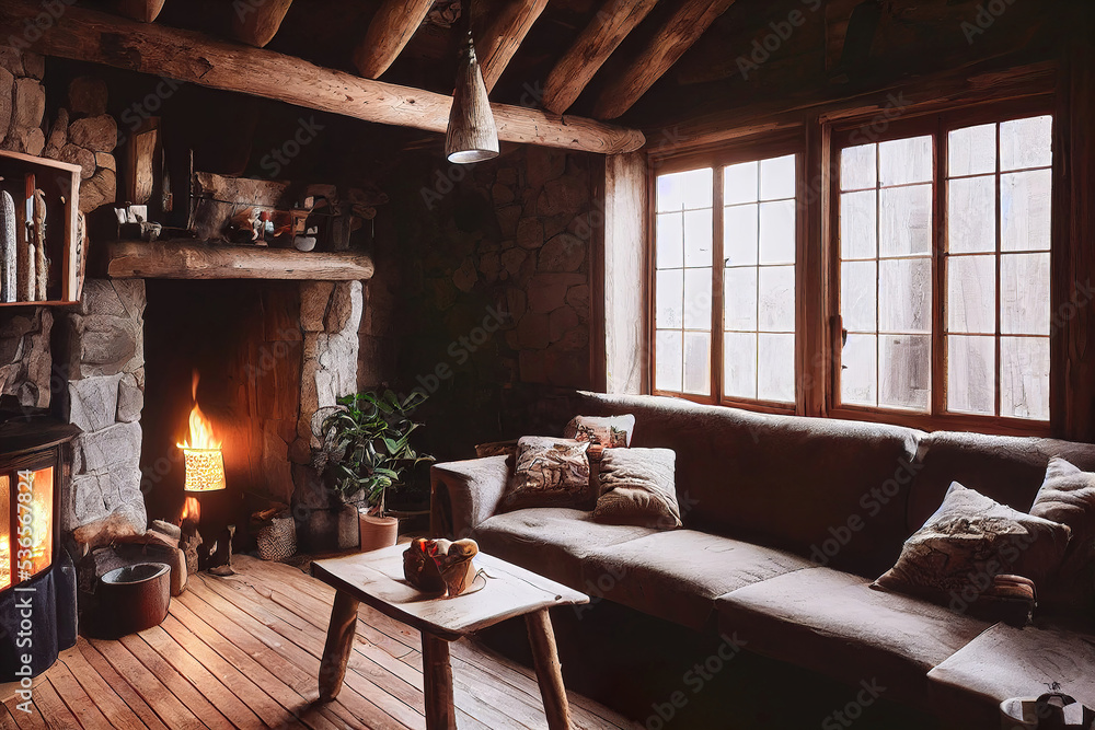 Cozy rustic wooden log cabin house interior, warm lights, indoor plants