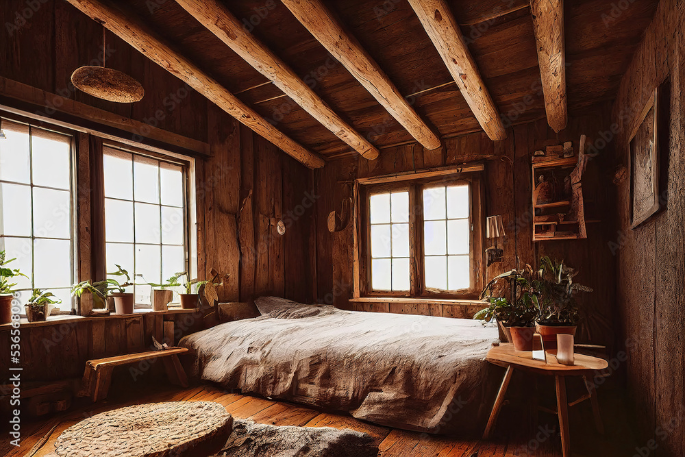 Cozy rustic wooden log cabin house interior, warm lights, indoor plants, double bed, luxury architecture background
