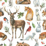 Beautiful New Year's seamless pattern with wild forest animals fox, deer, squirrel, hare, weasel, birds branches, berries on a white background