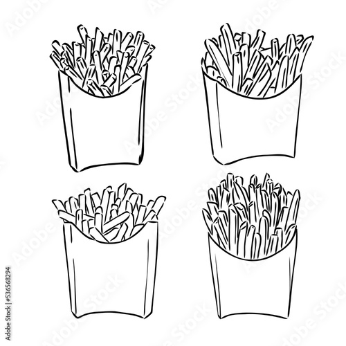 French fries flying to paper box. Sketch style hand drawn illustration. Fried potato. Fast food retro artwork. Vector image Isolated on white.