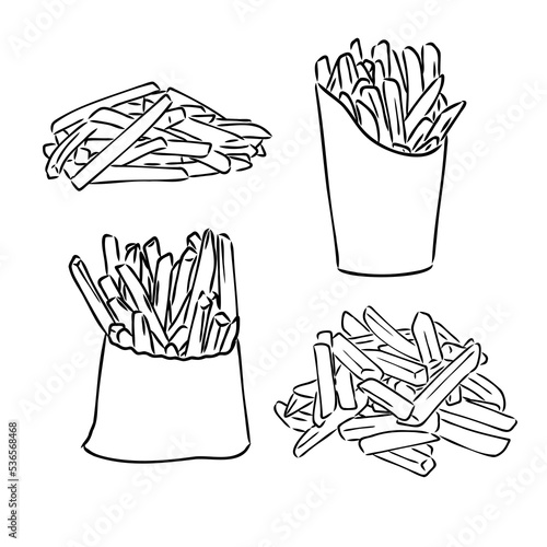 French fries flying to paper box. Sketch style hand drawn illustration. Fried potato. Fast food retro artwork. Vector image Isolated on white.