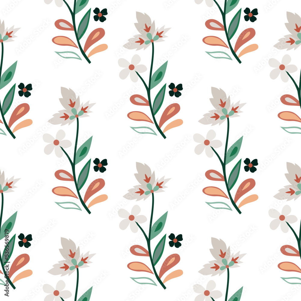 Fototapeta premium Abstract cute leaves and flower seamless pattern. Beautiful floral wallpaper. Cute plants endless backdrop.