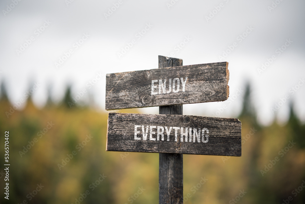 vintage and rustic wooden signpost with the weathered text quote enjoy everything, outdoors in nature. blurred out forest fall colors in the background.