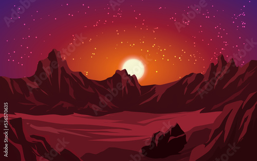 Night scenery in desert with colorful sky  full moon and stars. Vector night illustration