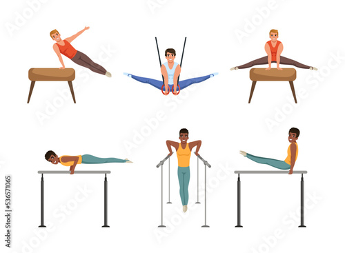Young Man Training on Different Gymnastics Apparatus Like Horizontal and Parallel Bars Vector Set