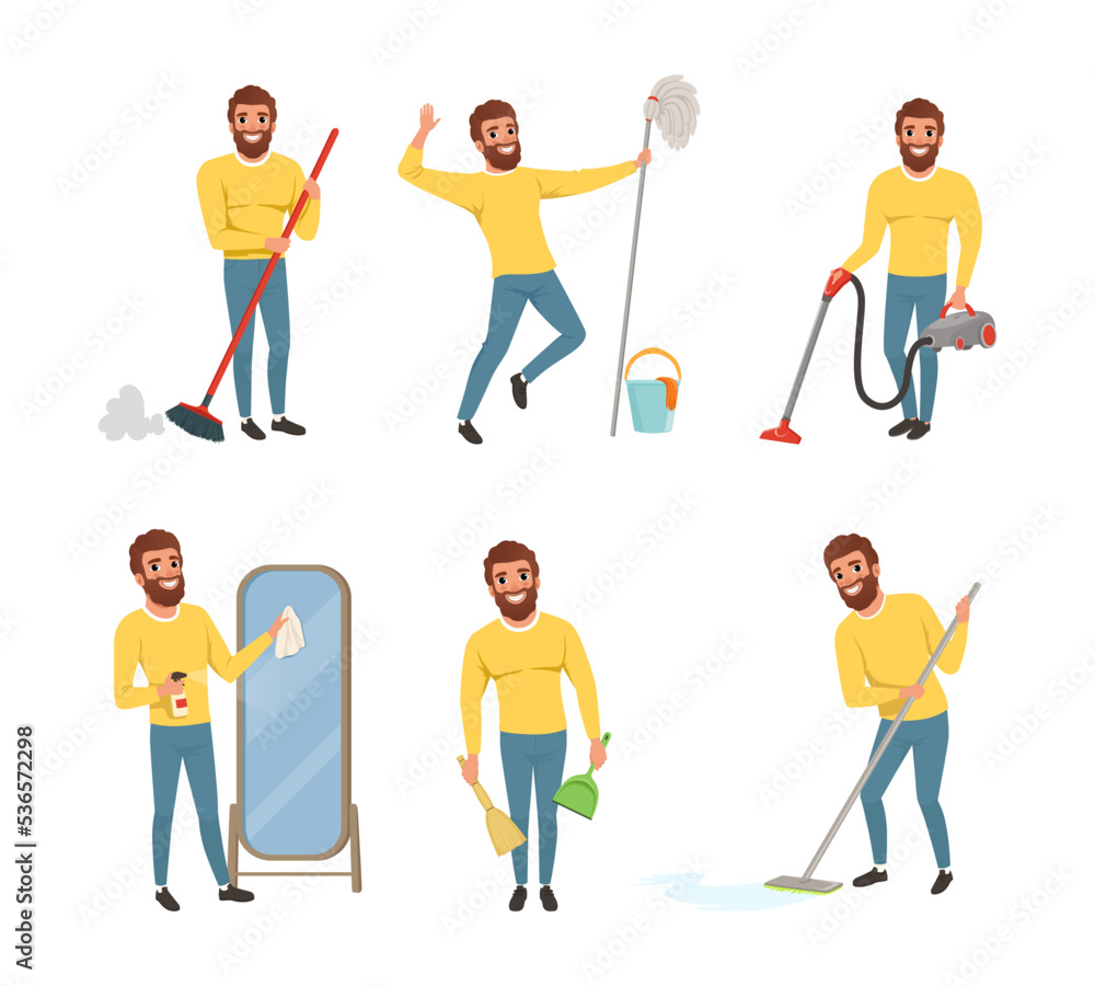 Happy Bearded Man in Yellow Sweater Vacuum Cleaning, Sweeping Floor, Mopping and Wiping Mirror Vector Set