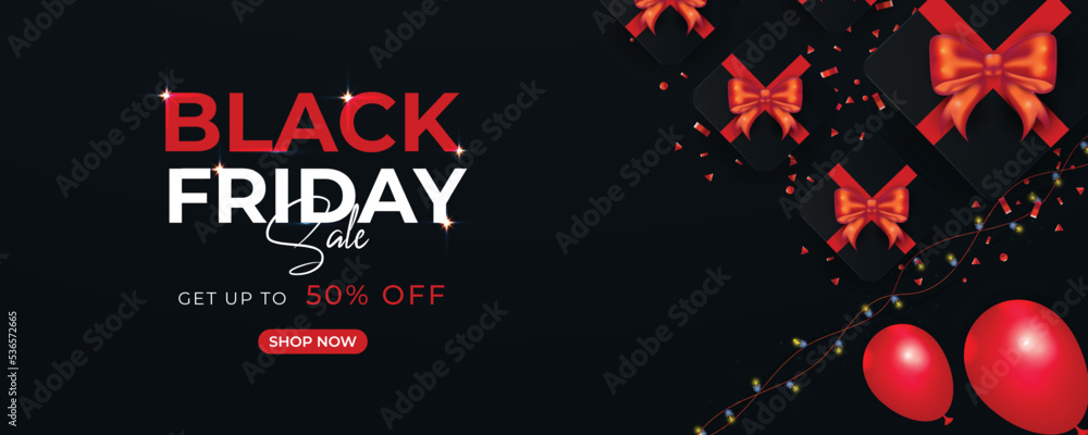 Black Friday sale modern abstract eye-catching red and black banner design with gift box and balloons background
