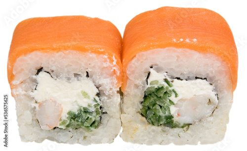 Delicious sushi on a white background isolate. Rolls with salmon, shrimp, cucumber and soft cheese, without sauce, macro
