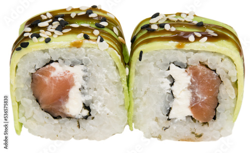 Delicious sushi on a white background isolate. Rolls with salmon, avocado, sesame and Philadelphia cheese covered with soy sauce macro